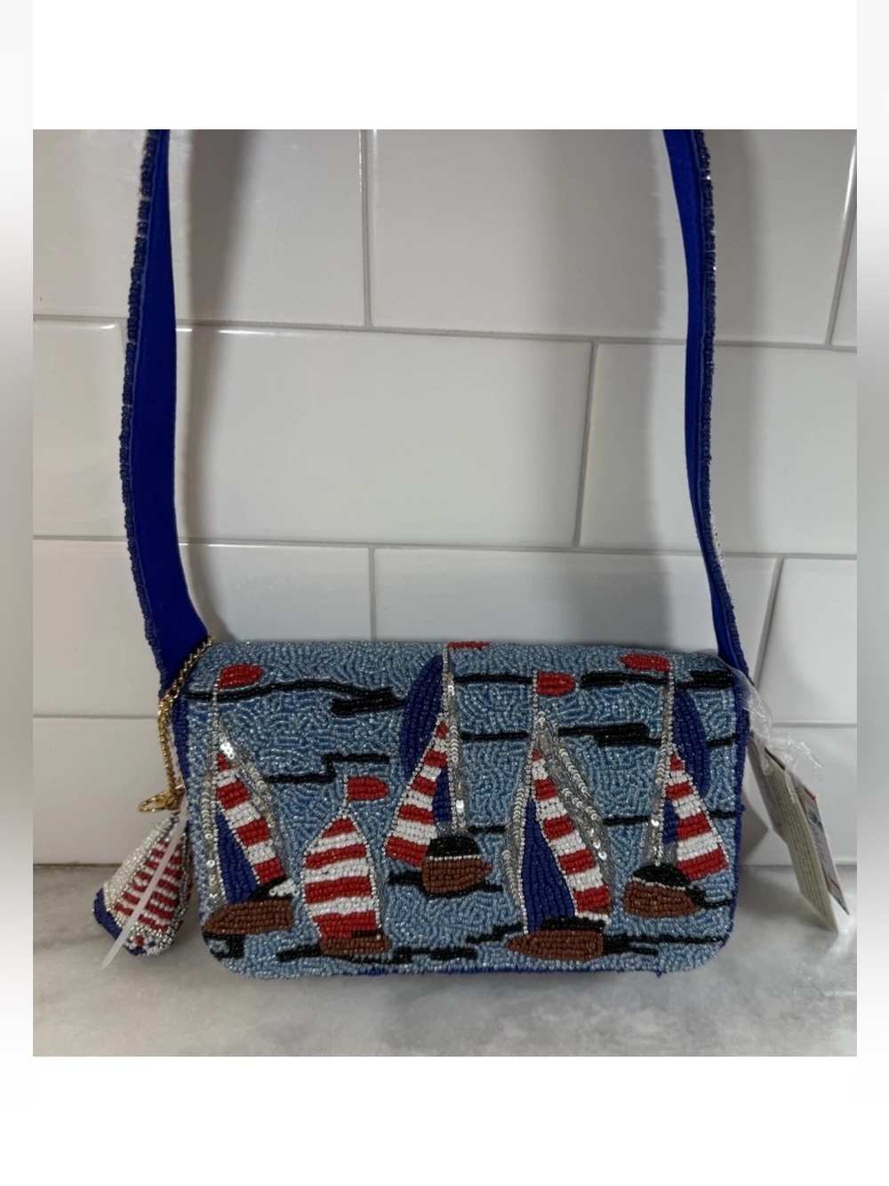 Handcrafted in India Sailboat Ocean Red White Blue Beaded Bag Coastal NWT